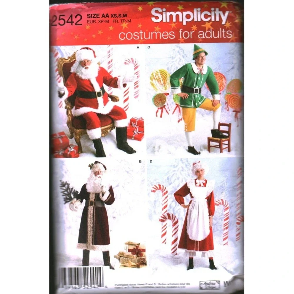 Simplicity 2542 Santa Claus Elf Mrs Claus Christmas Costume Sewing Pattern XS-M